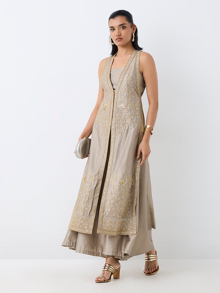 Vark Grey Nature-Inspired A-Line Kurta with Flared Palazzos Set