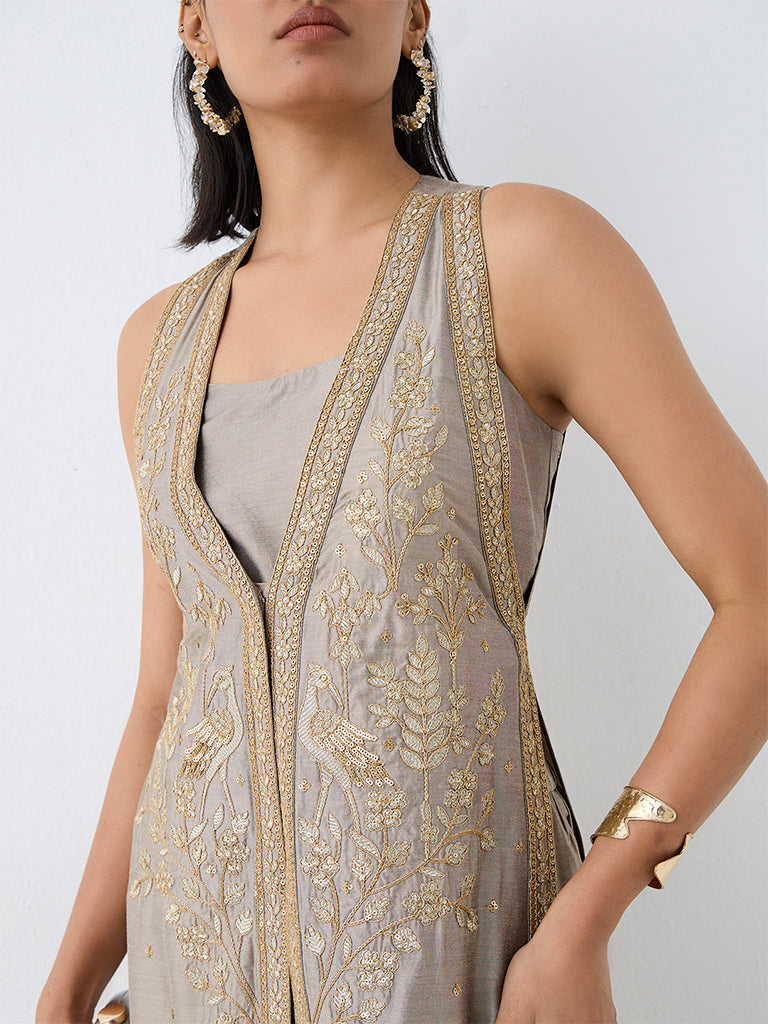 Vark Grey Nature-Inspired A-Line Kurta with Flared Palazzos Set