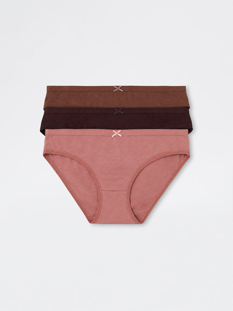 Wunderlove Dark Brown Solid Cotton-Blend Bikini Briefs - Pack of 3