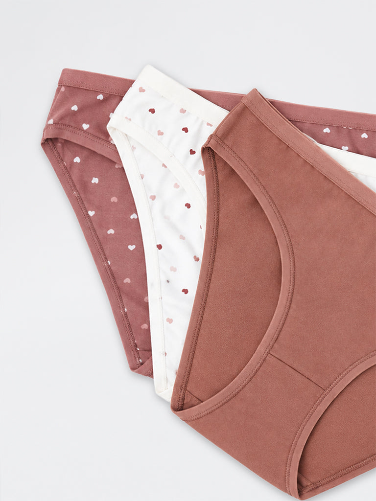 Wunderlove Dusty Pink Heart Pattern Cotton-Blend Bikini Briefs - Pack of 3