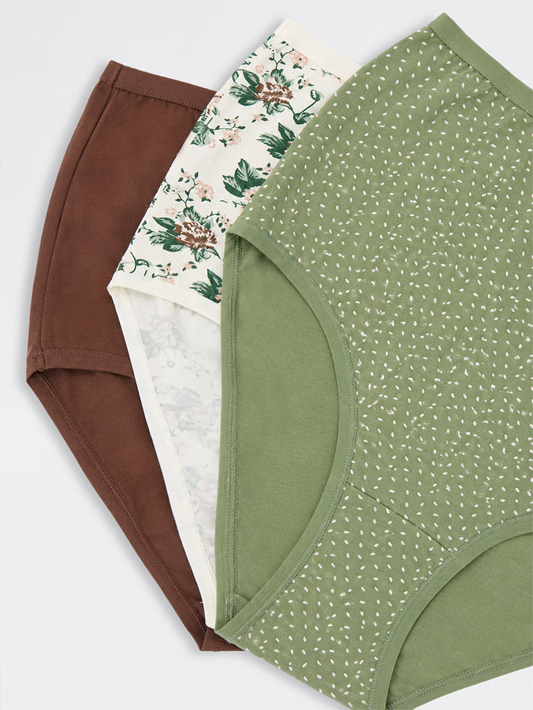 Wunderlove Off-White Floral Printed Cotton-Blend Full Briefs - Pack of 3