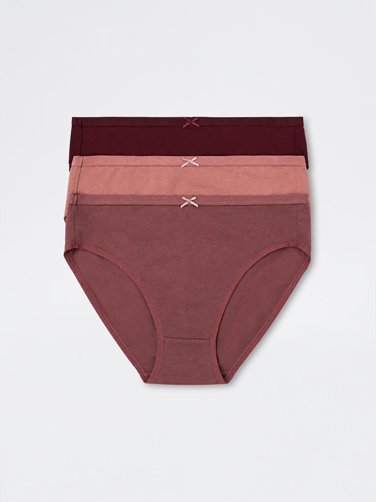 Wunderlove Brown Solid Cotton-Blend Hi-Leg Briefs - Pack of 3