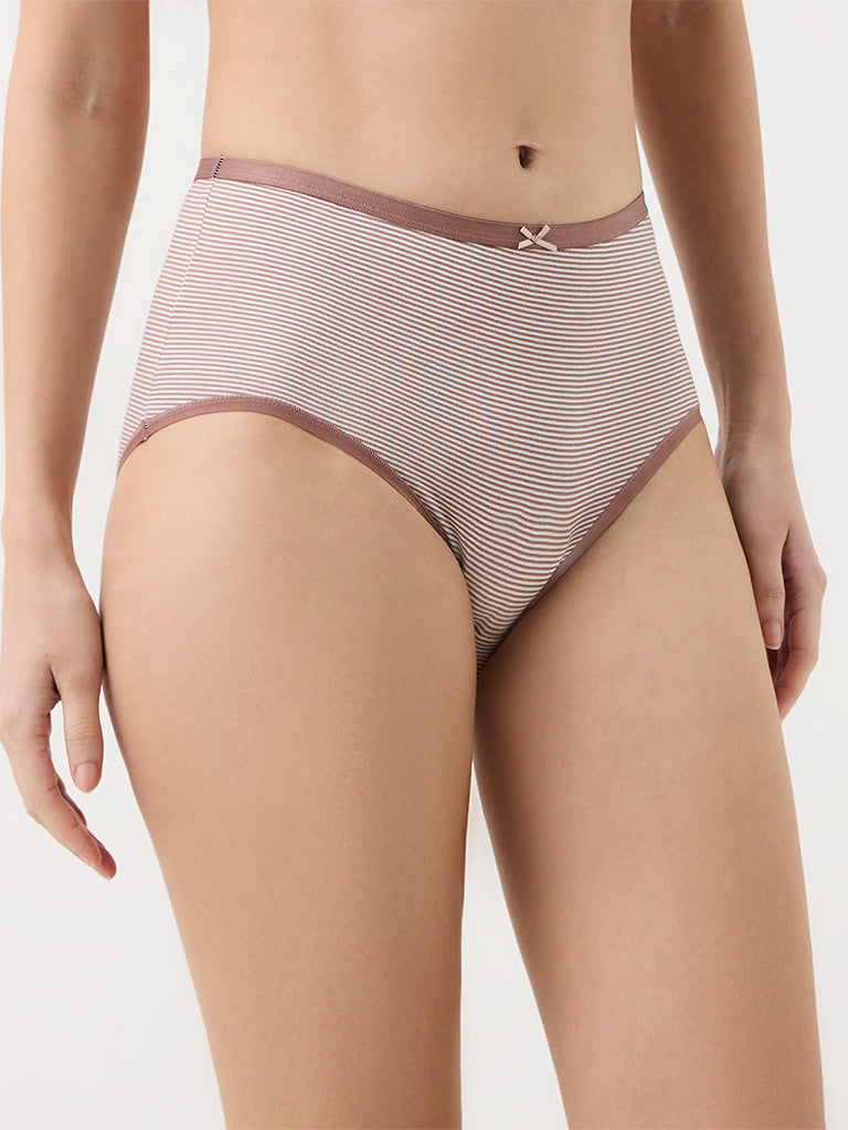 Wunderlove Brown Striped Cotton-Blend High-Rise Briefs - Pack of 3