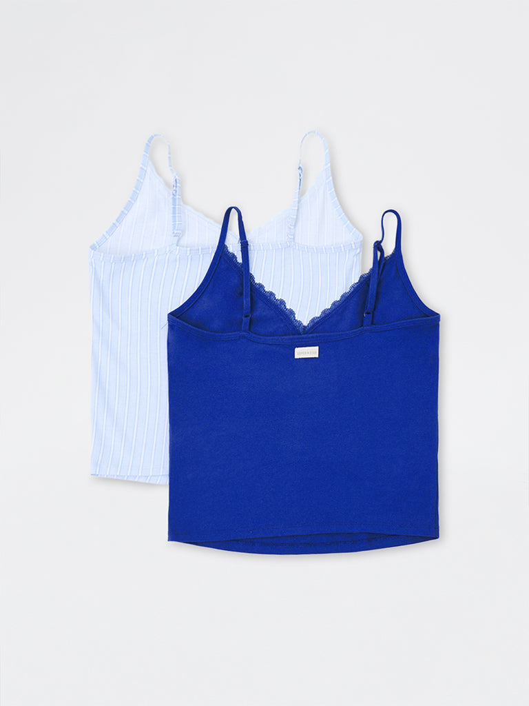 Superstar Blue Text Embossed Cotton-Blend Camisoles - Pack of 2