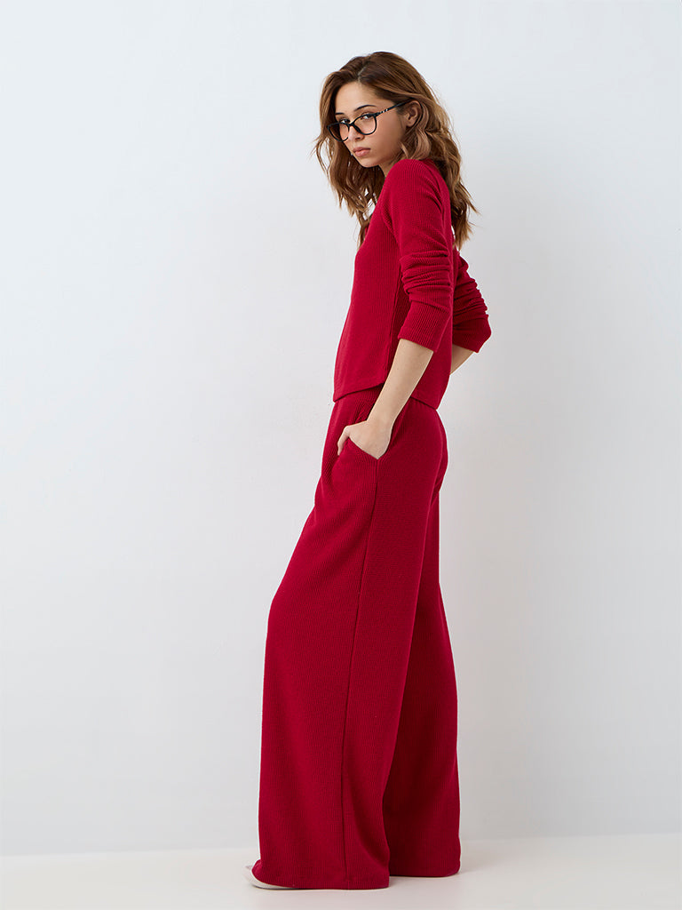 Superstar Red Waffle-Textured High-Rise Pants