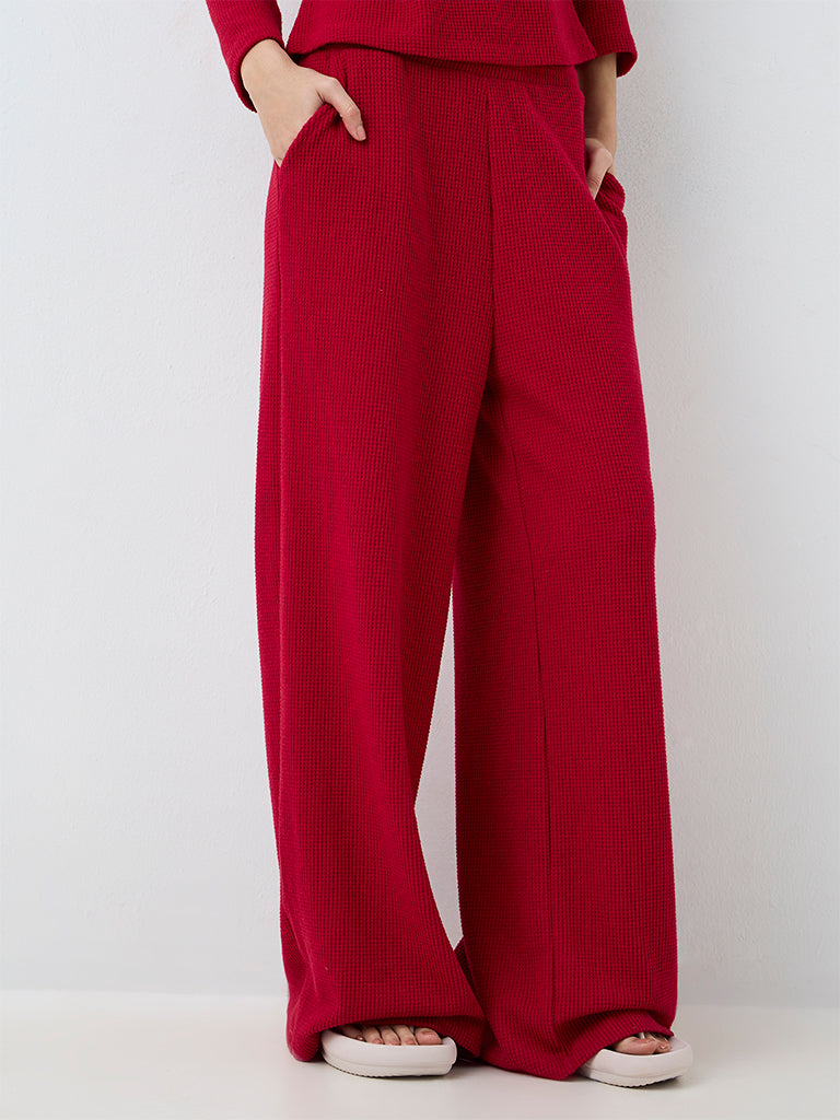Superstar Red Waffle-Textured High-Rise Pants