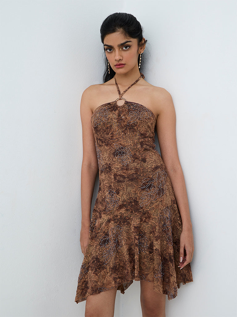 Nuon Brown Floral Embellished Party Dress