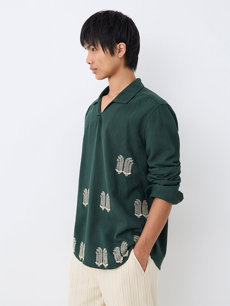 ETA Dark Green Botanical Embroidered Relaxed-Fit Cotton Shirt