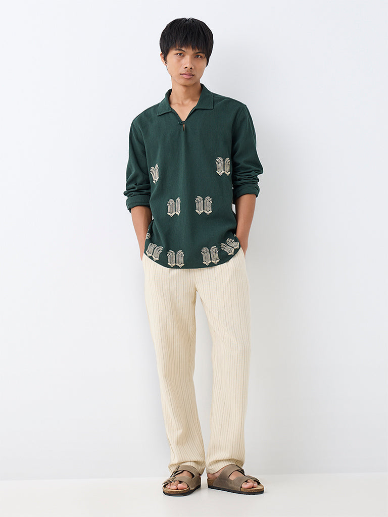 ETA Dark Green Botanical Embroidered Relaxed-Fit Cotton Shirt