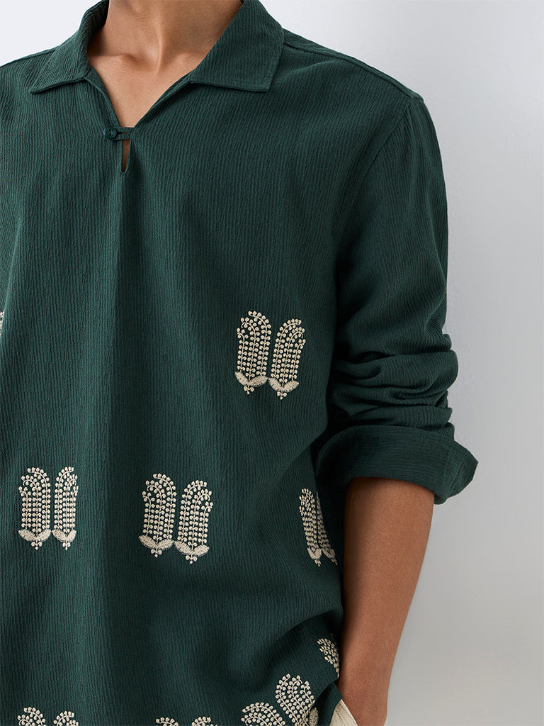 ETA Dark Green Botanical Embroidered Relaxed-Fit Cotton Shirt