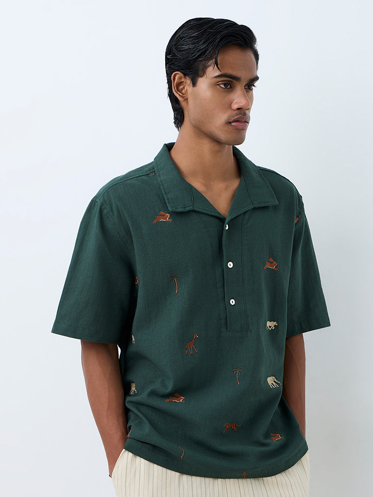 ETA Dark Green Embroidered Relaxed-Fit Cotton Shirt