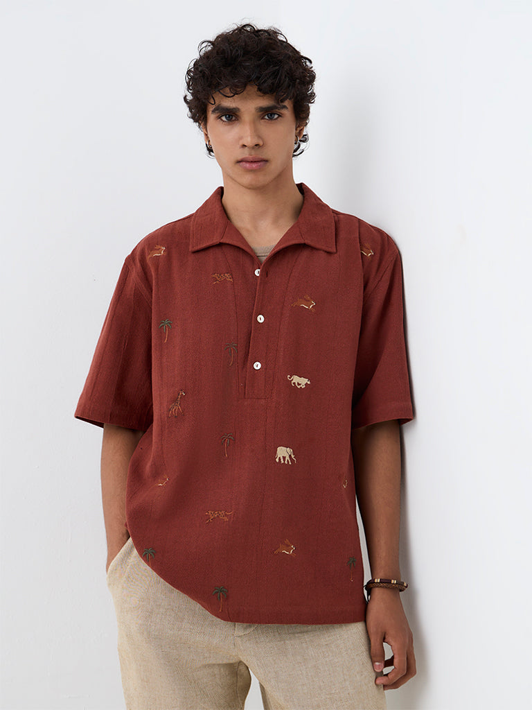 ETA Rust Embroidered Relaxed-Fit Cotton Shirt