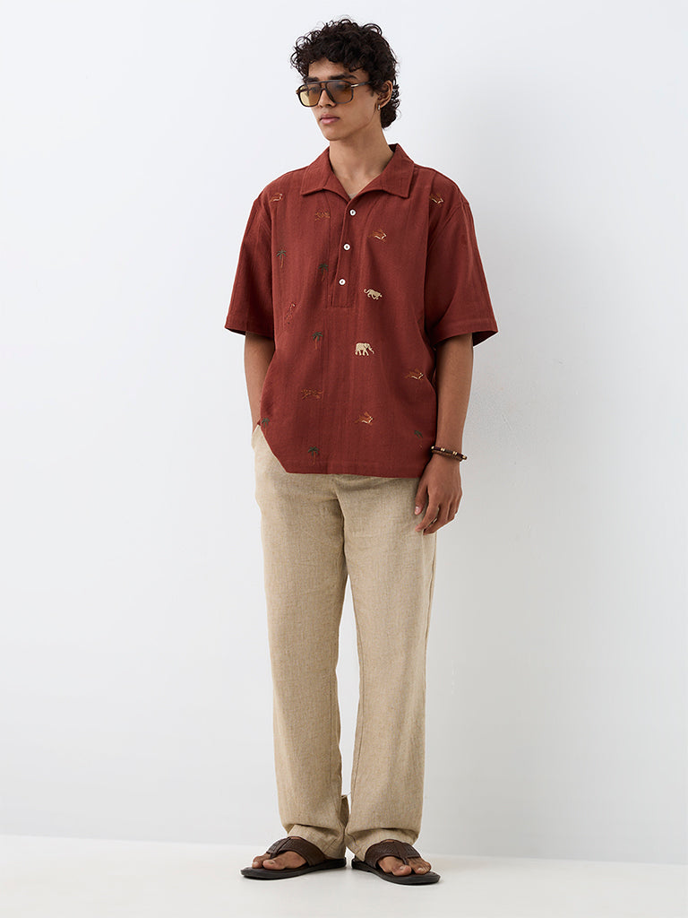 ETA Rust Embroidered Relaxed-Fit Cotton Shirt
