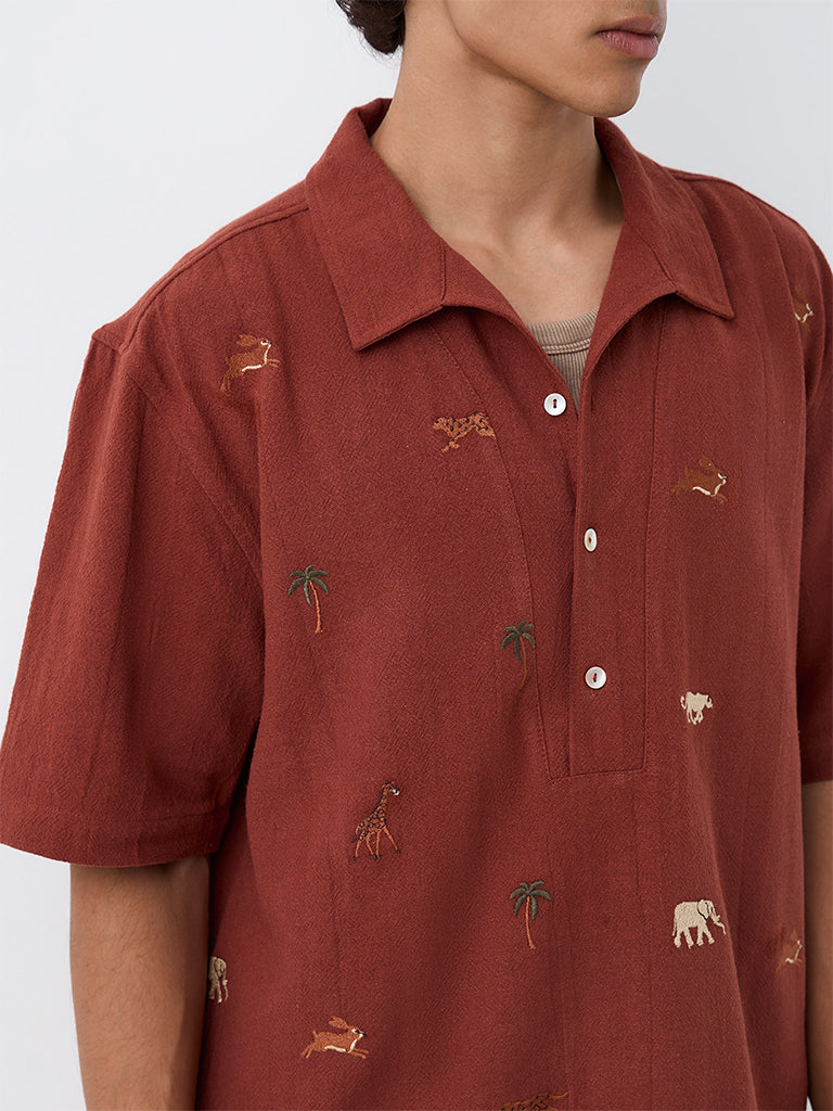 ETA Rust Embroidered Relaxed-Fit Cotton Shirt
