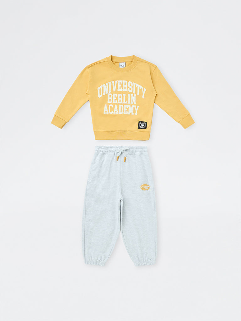 HOP Kids Boys Yellow Text Design Cotton Sweatshirt and Joggers Set