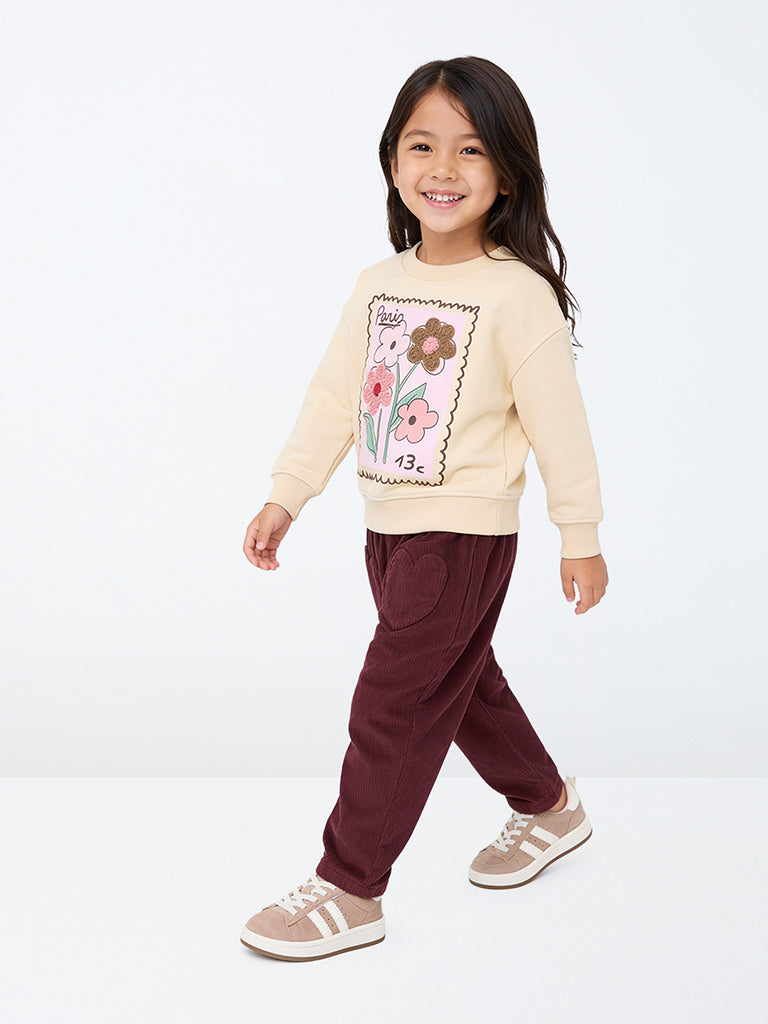 HOP Kids Girls Cream Floral Design Cotton-Blend Sweatshirt