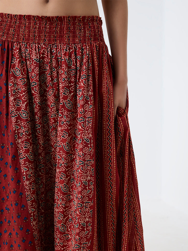 Bombay Paisley Red Printed High-Rise Cotton Maxi Skirt