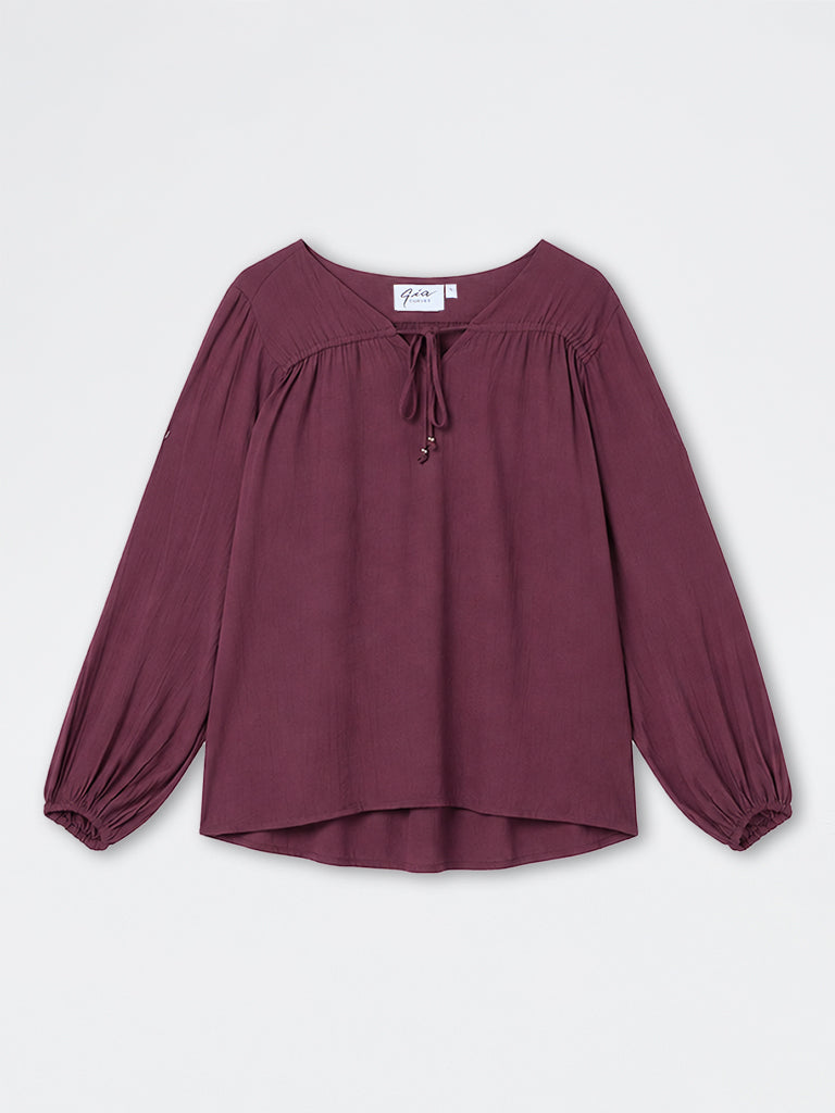 Gia Dark Plum Tie-Up Detail Blouse