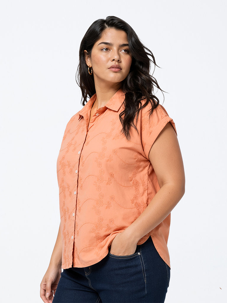 Gia Peach Floral Embroidered Cotton Shirt
