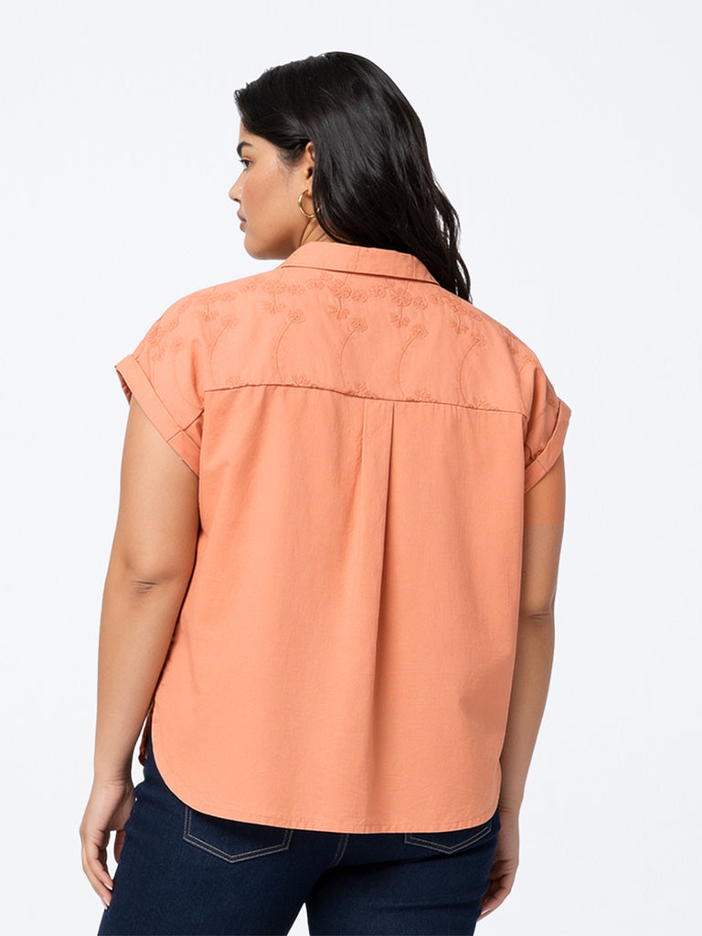 Gia Peach Floral Embroidered Cotton Shirt