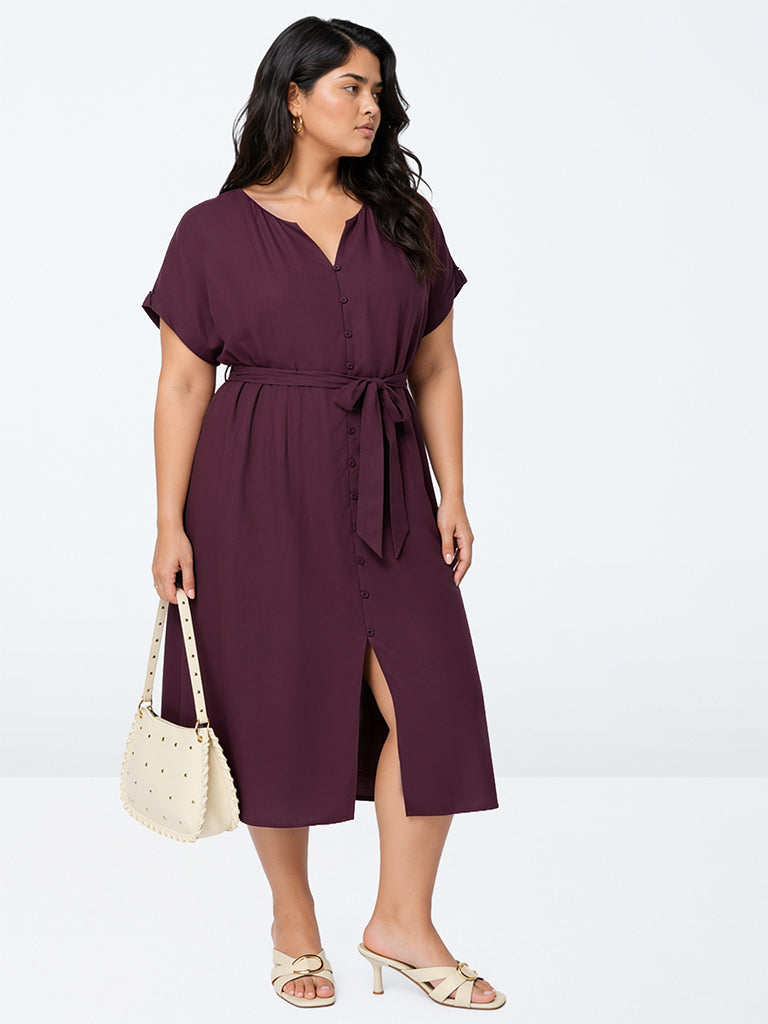 Gia Plum Solid A-Line Dress with Belt