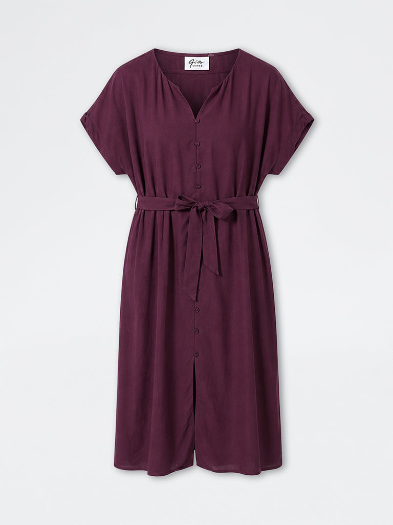 Gia Plum Solid A-Line Dress with Belt