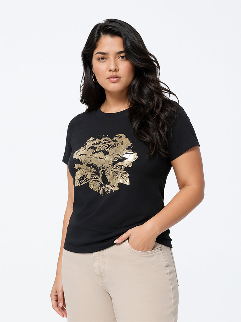 Gia Black Floral Design Cotton T-Shirt