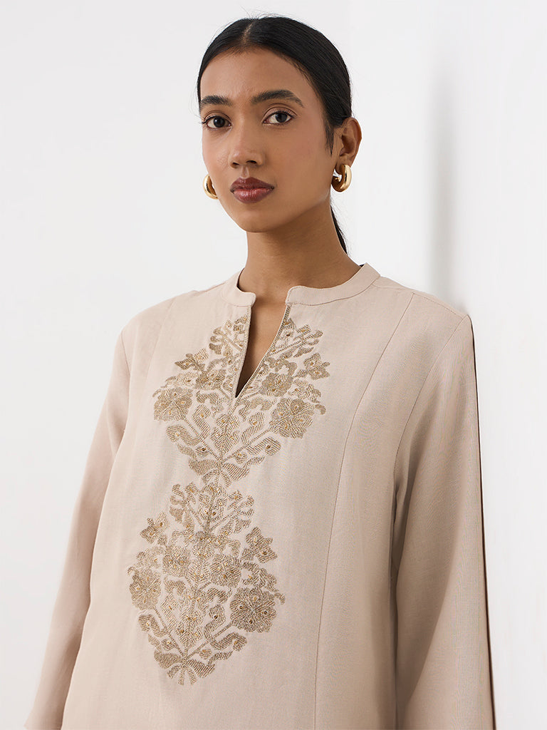 Zuba Beige Embroidered A-Line Kurta