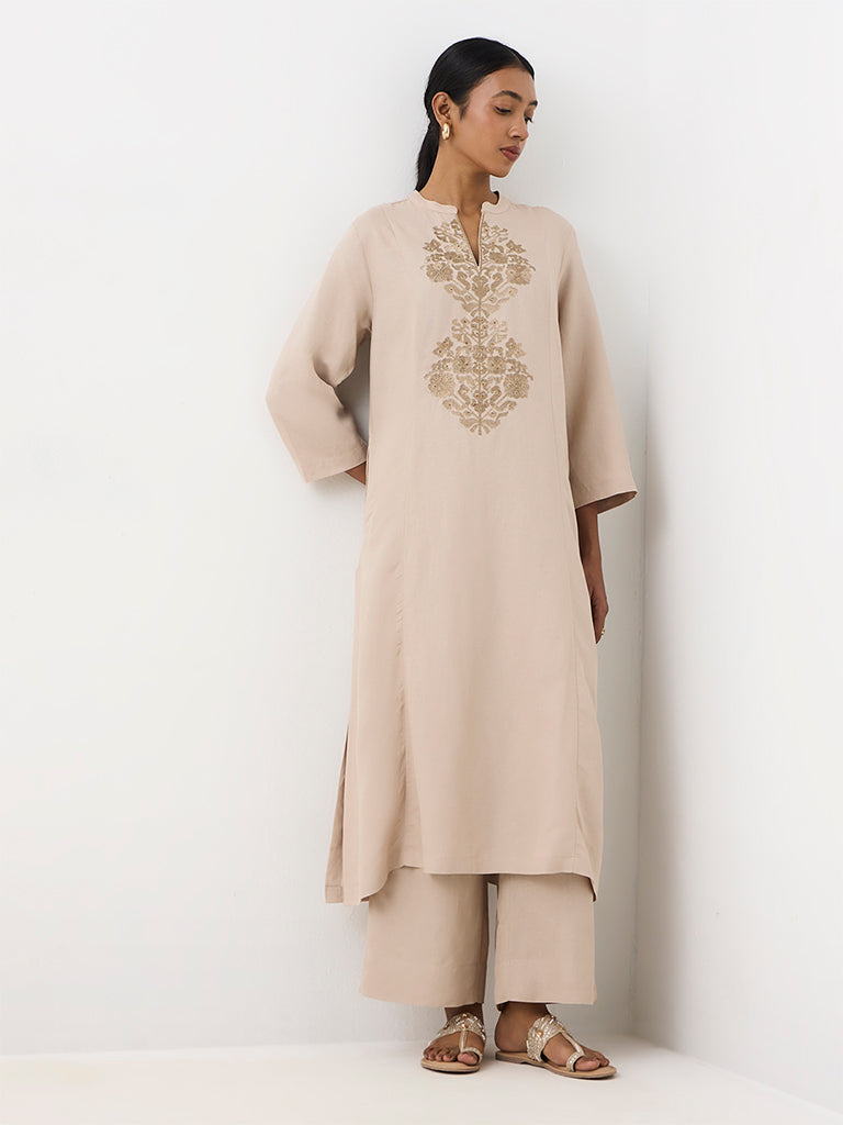 Zuba Beige Embroidered A-Line Kurta
