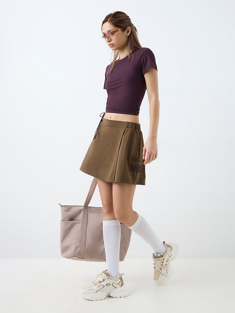 Nuoflexx Brown Solid High-Rise Skirt