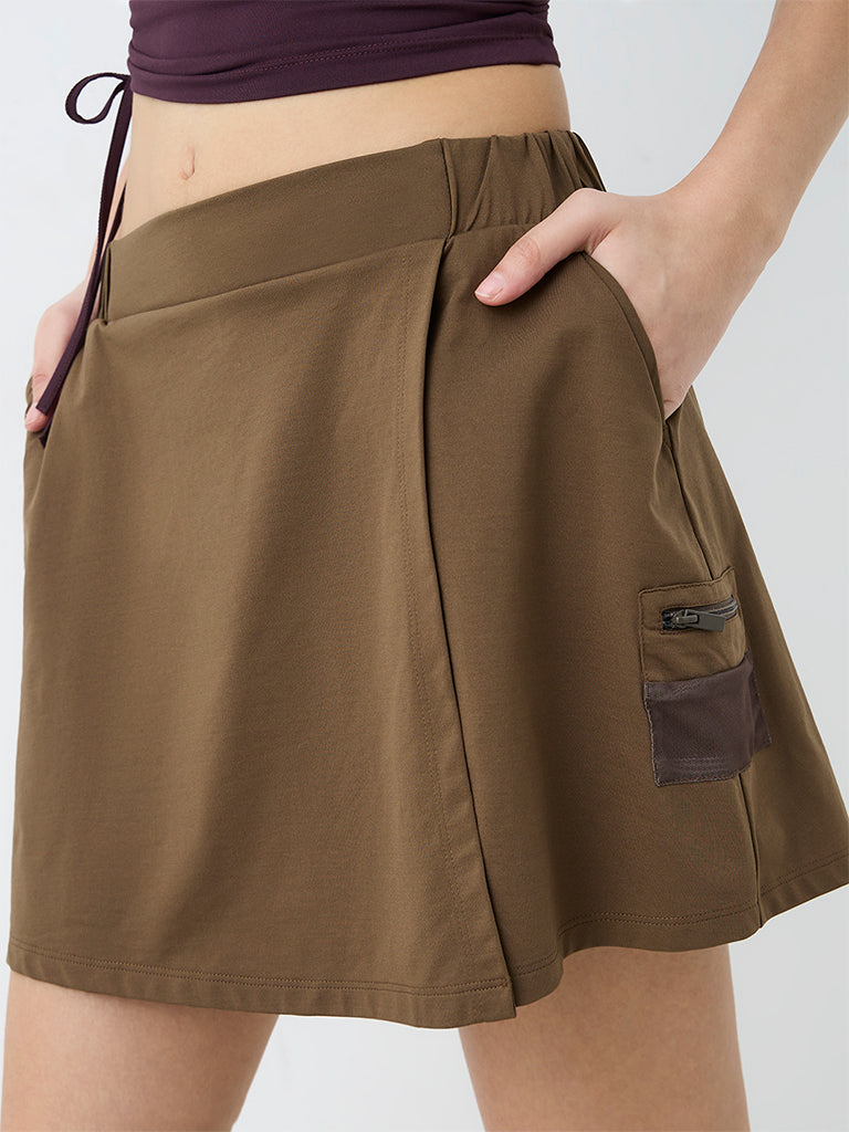 Nuoflexx Brown Solid High-Rise Skirt