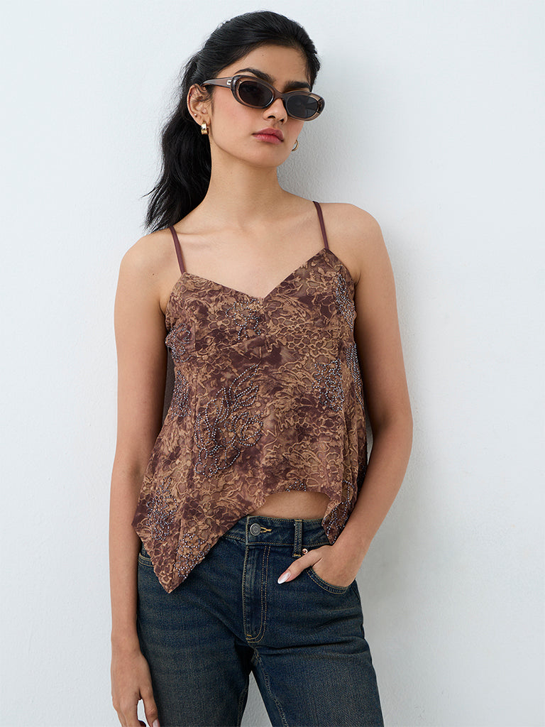 Nuon Brown Floral Embellished Asymmetrical Top