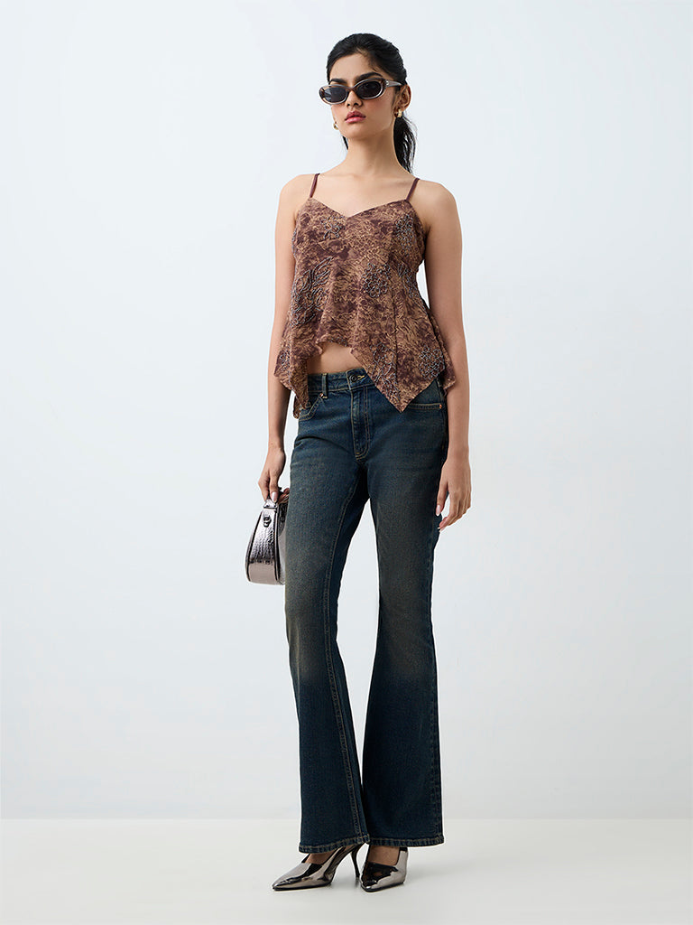 Nuon Brown Floral Embellished Asymmetrical Top