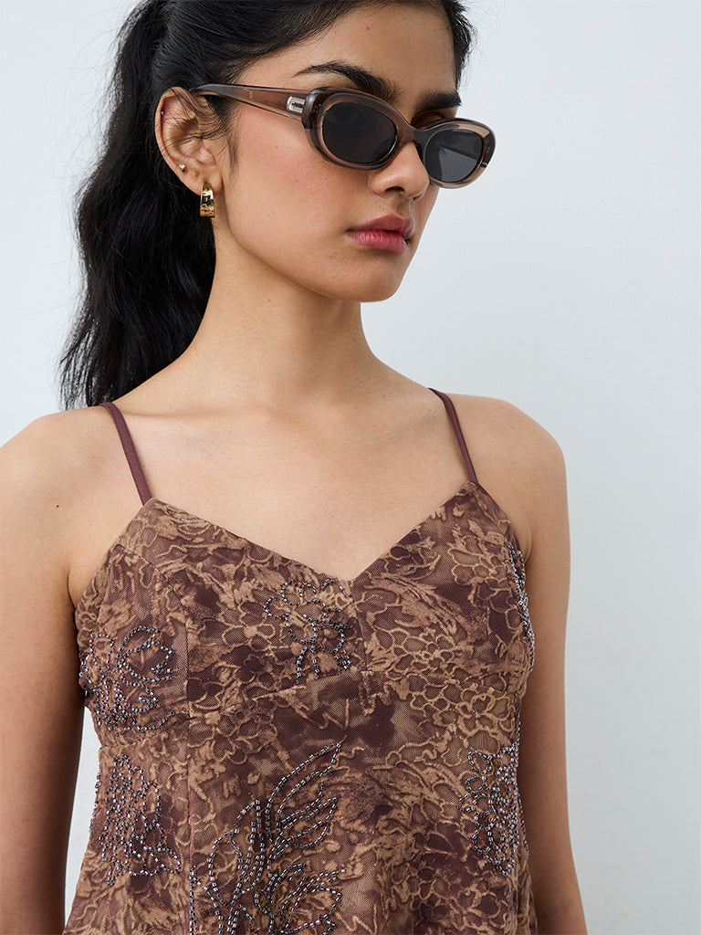 Nuon Brown Floral Embellished Asymmetrical Top