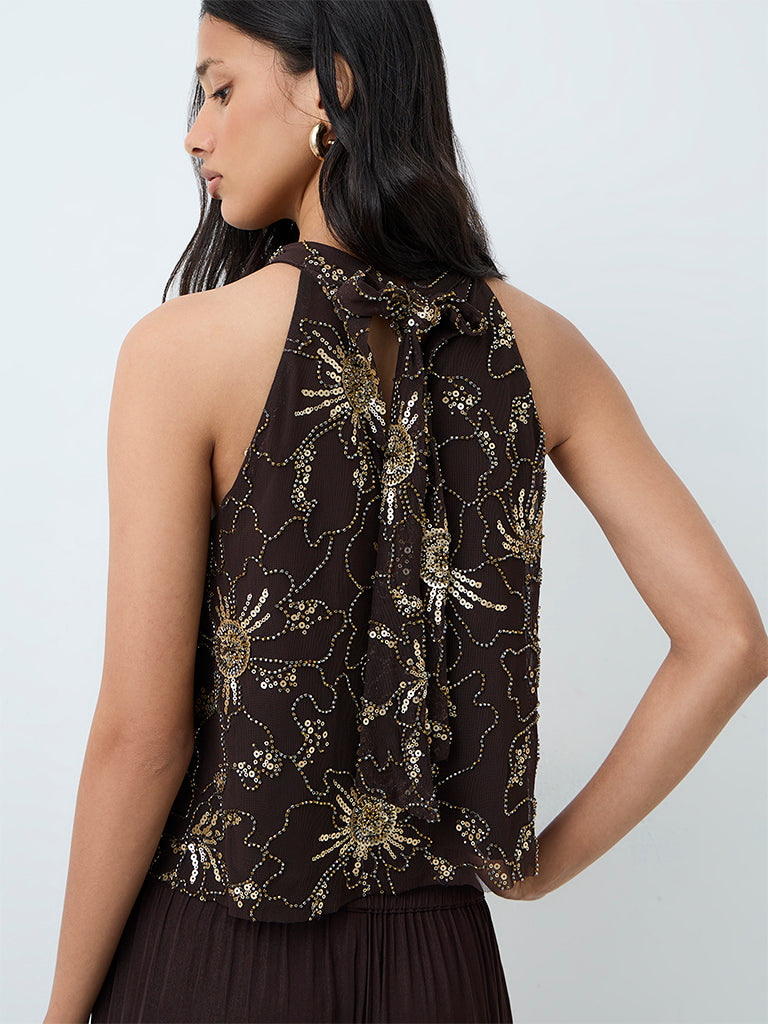 LOV Dark Brown Sequin Embellished Top