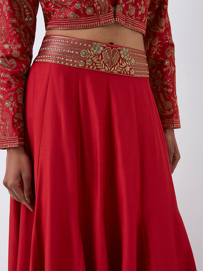 Vark Red Botanical Embroidered Flared Skirt