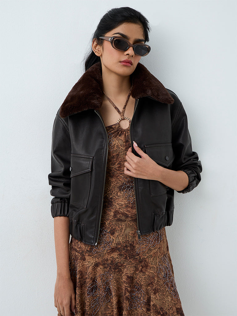 Nuon Dark Brown Fur-Collar Faux Leather Jacket