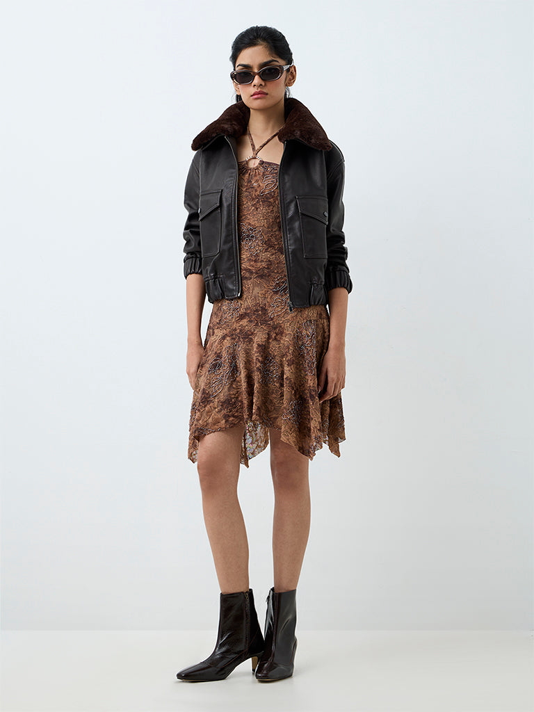Nuon Dark Brown Fur-Collar Faux Leather Jacket