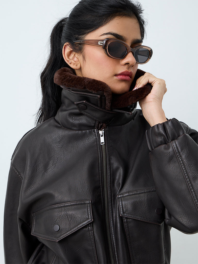 Nuon Dark Brown Fur-Collar Faux Leather Jacket