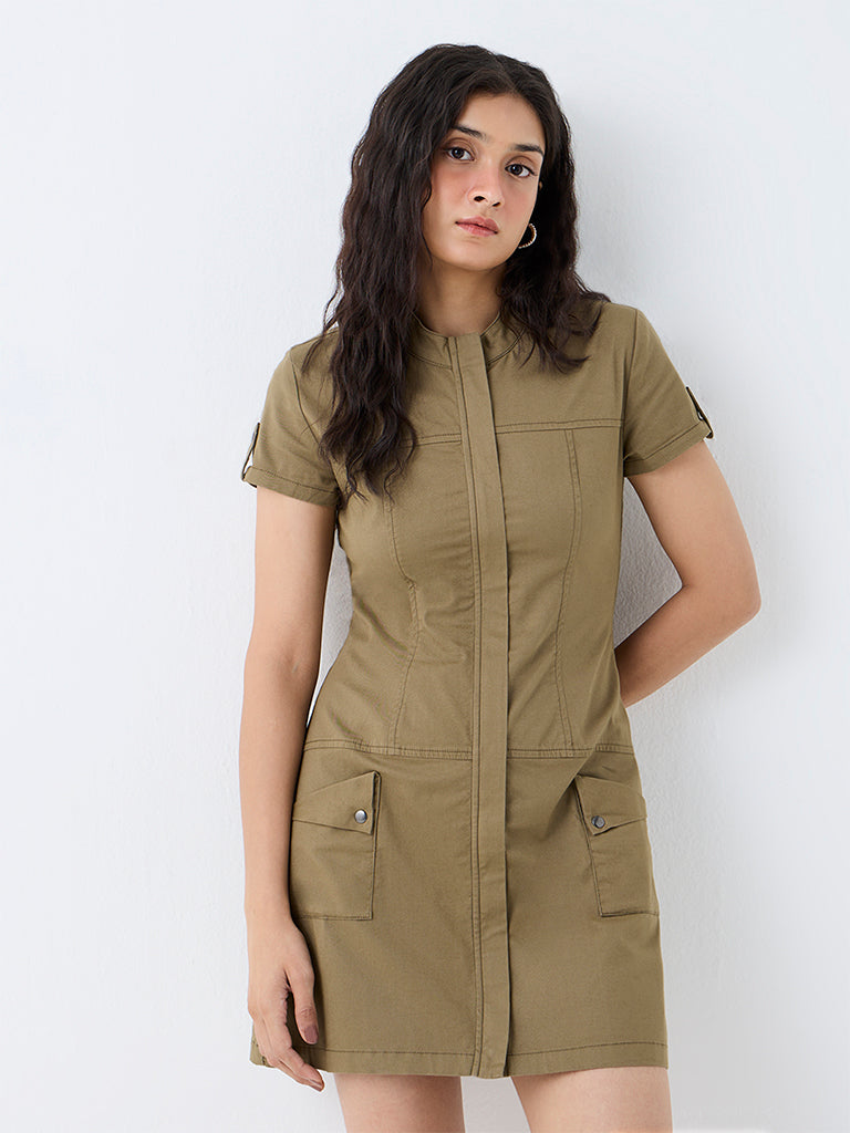 Nuon Khaki Solid Cotton-Blend Sheath Dress
