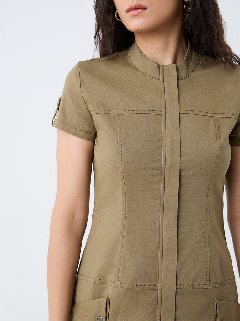Nuon Khaki Solid Cotton-Blend Sheath Dress