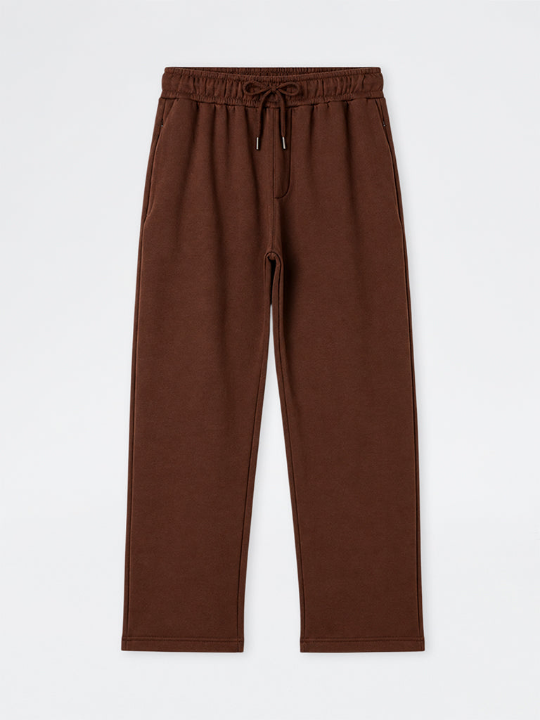 WES Casuals Brown Solid Relaxed-Fit Mid-Rise Cotton-Blend Track Pants