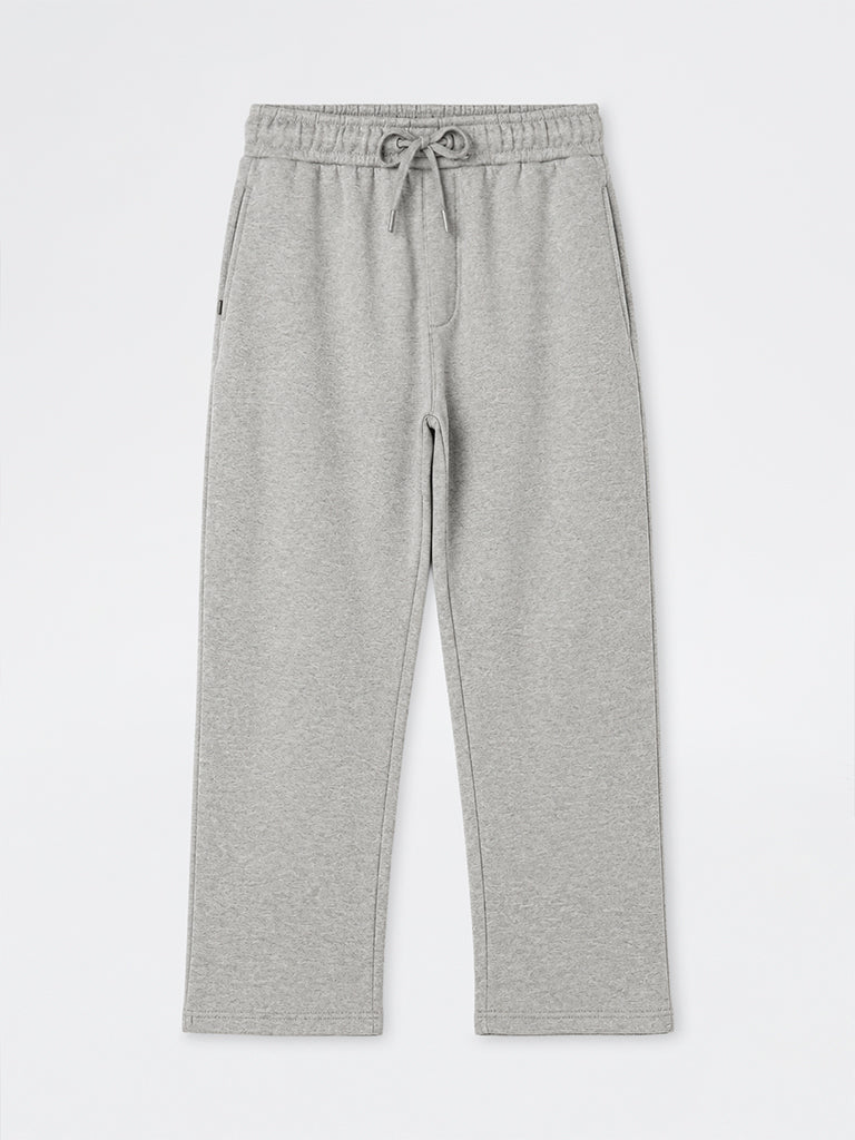 WES Casuals Grey Melange Relaxed-Fit Mid-Rise Cotton-Blend Track Pants