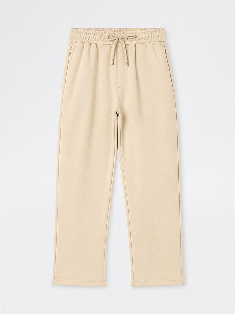 WES Casuals Light Beige Solid Relaxed-Fit Mid-Rise Cotton-Blend Track Pants