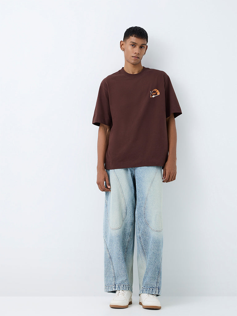 Nuon Light Blue Paneled Barrel-Fit Mid-Rise Jeans