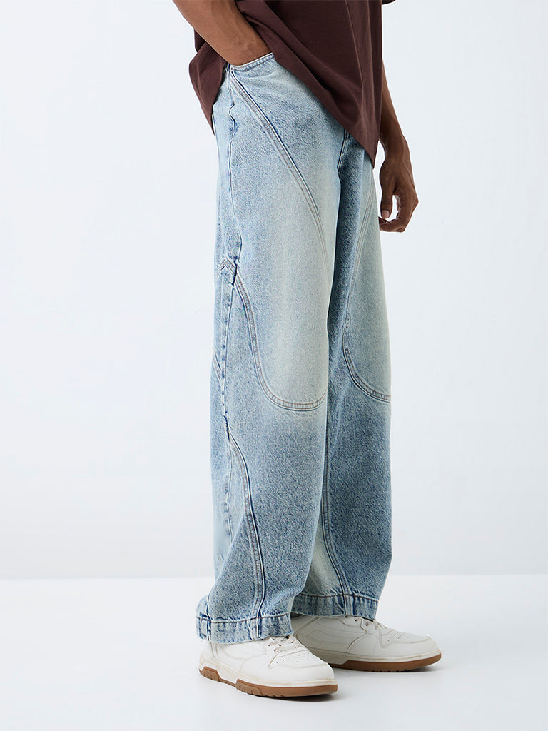 Nuon Light Blue Paneled Barrel-Fit Mid-Rise Jeans