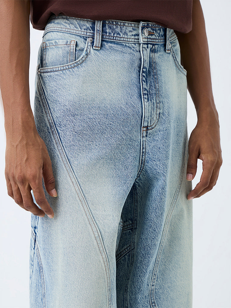Nuon Light Blue Paneled Barrel-Fit Mid-Rise Jeans