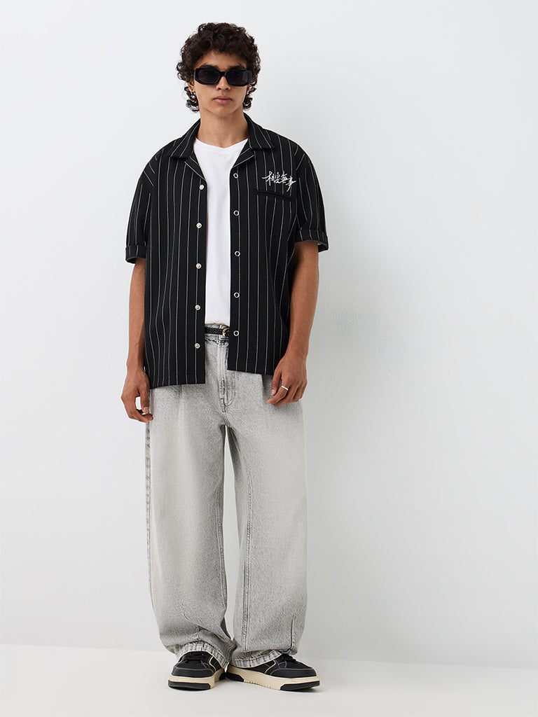 Nuon Black Striped Relaxed-Fit Cotton-Blend Shirt