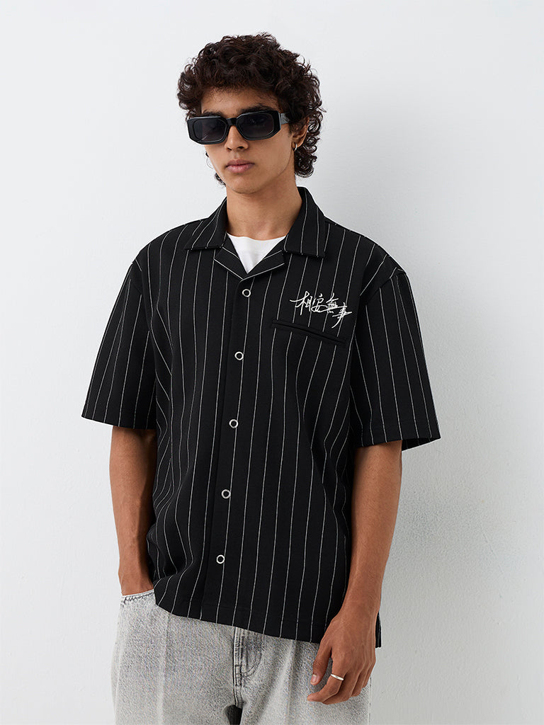 Nuon Black Striped Relaxed-Fit Cotton-Blend Shirt