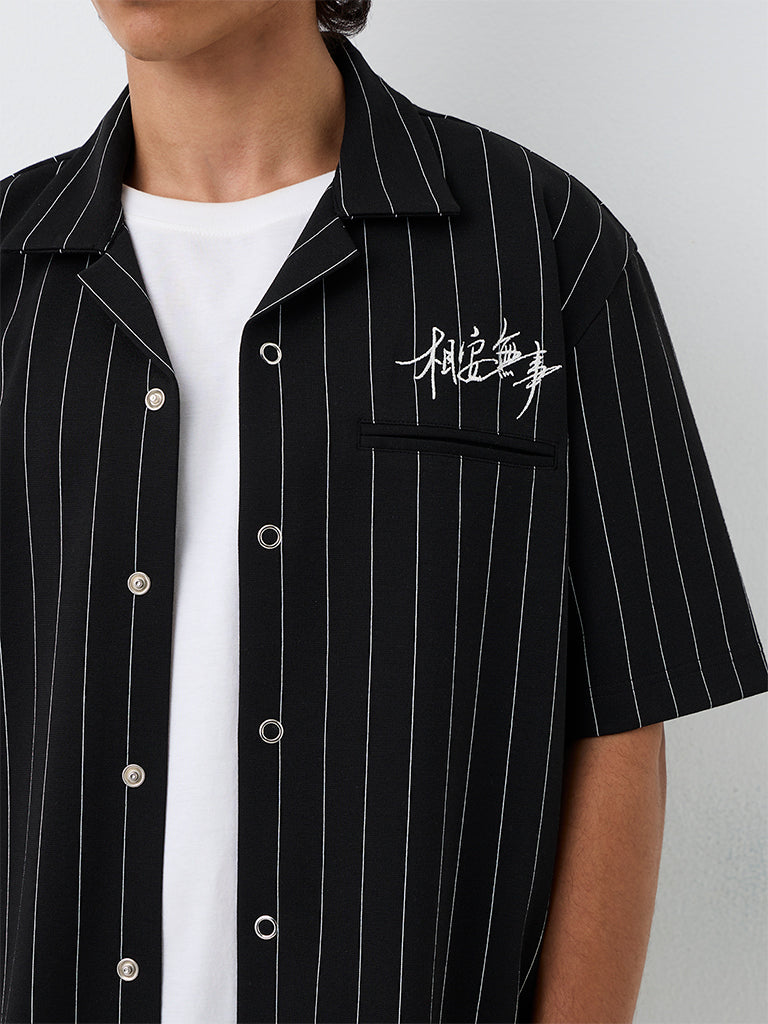 Nuon Black Striped Relaxed-Fit Cotton-Blend Shirt